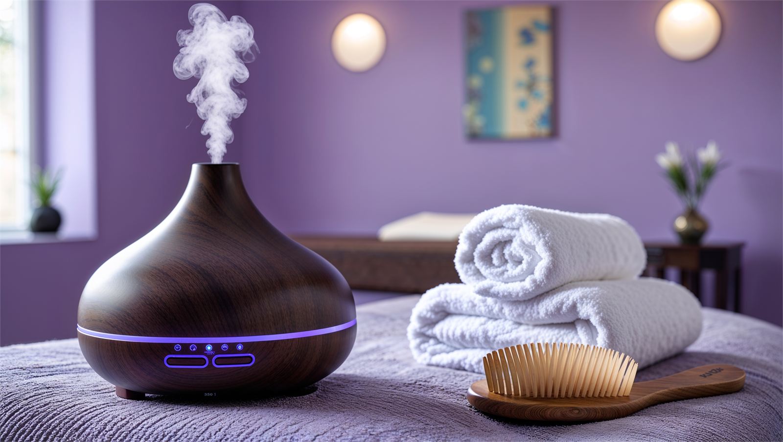 Warm diffuser, rolled towels and wooden brush — comfortable spa atmosphere at Cozy Massage Spa North Hollywood