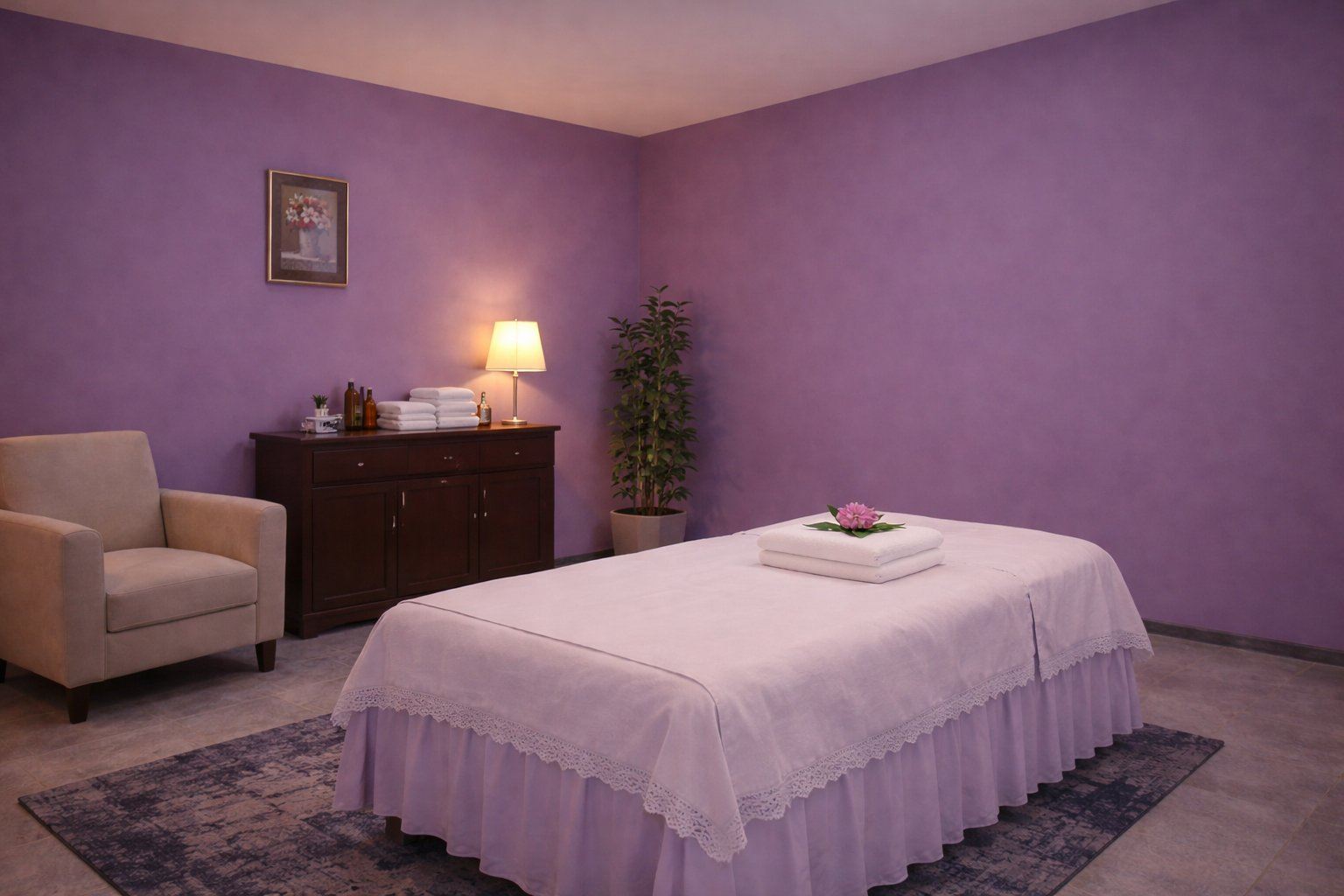 Comfortable massage room with lavender walls, fresh linens, and a soft armchair at Cozy Massage Spa in North Hollywood CA