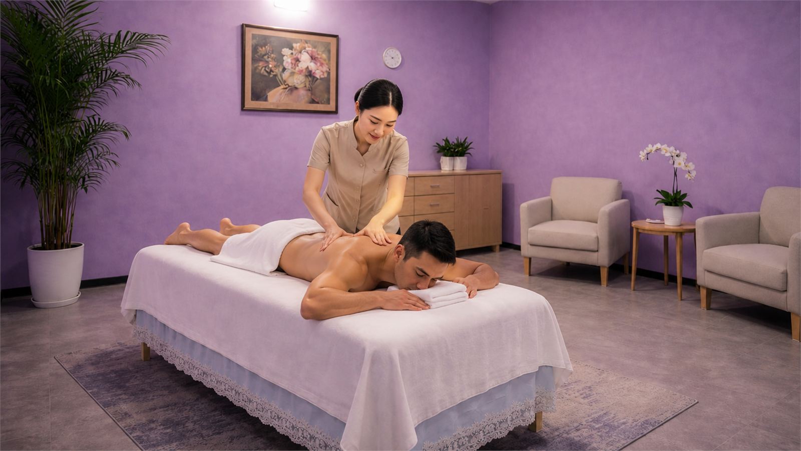 Therapist applying firm hand pressure on the back during a Deep Tissue massage at Cozy Massage Spa North Hollywood
