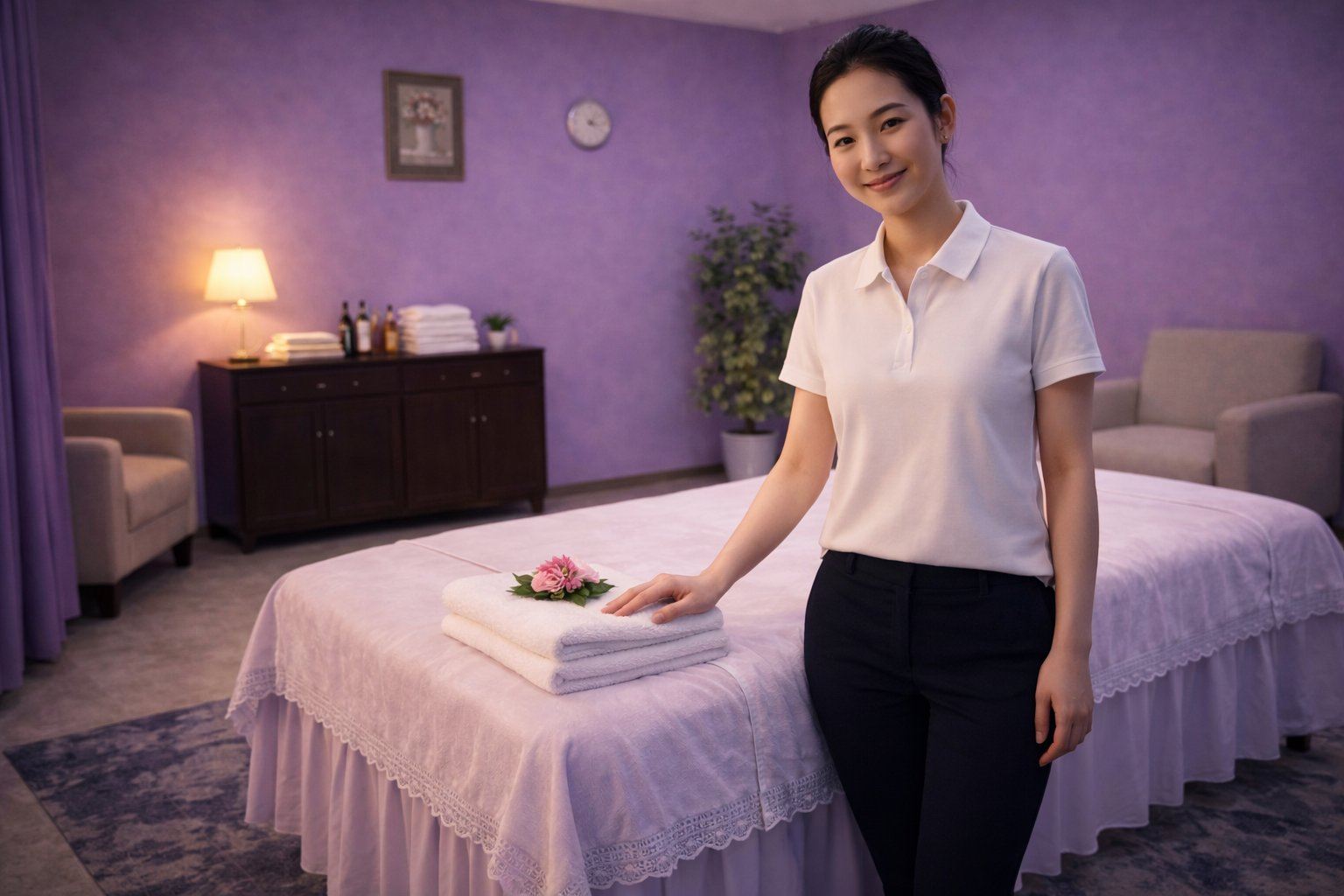 Private massage room with lavender walls at Cozy Massage Spa North Hollywood