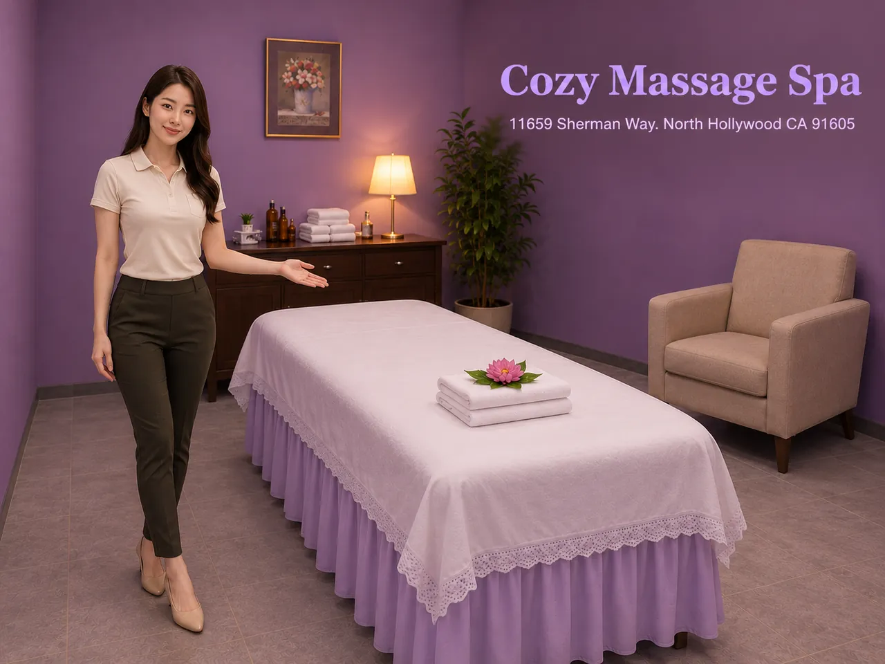 Friendly staff in a clean, private room at Cozy Massage Spa near Toluca Lake, CA