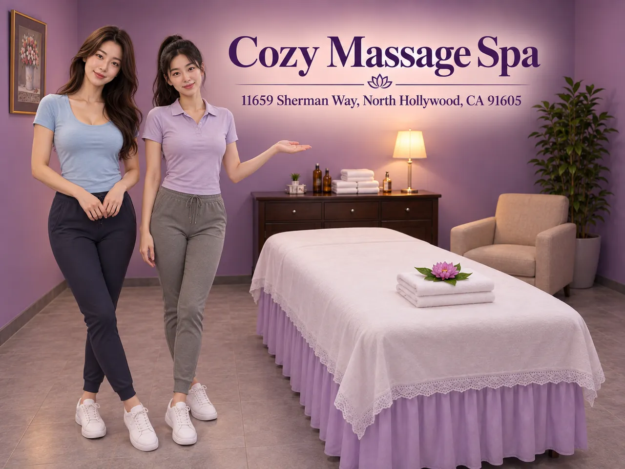 Two staff members in a clean private room at Cozy Massage Spa in North Hollywood, CA