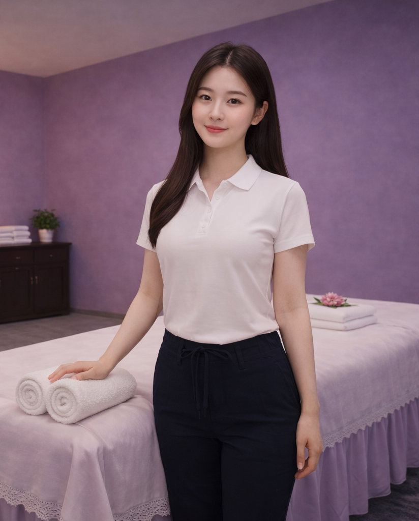 Friendly therapist in white polo standing beside a freshly dressed treatment table at Cozy Massage Spa in North Hollywood CA
